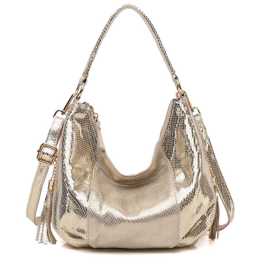 100% Real Leather Shoulder Bag Metallic Color Serpentine Embossed Handbag Female Casual Stylish Tote Hobos Cross Body Bags New